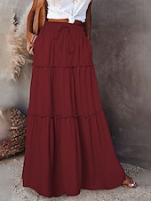 abordables Jupes unies-Femme Ample Jupe Maxi Taille haute Jupes Ruché A Volants Cordon Couleur Pleine Plein Air du quotidien Eté Polyester Coton et lin Mode Décontractées Violet Noir Jaune Rouge