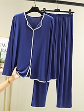 billiga Sovkläder till damer-pyjamas dam pyjamas topp och byxor set 2 stycken ren färg mode casual mjukt hem daglig säng modal andas lapel långärmad byxa sommar vår hem outfits