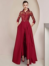 levne Máminy kombinézy-Overál  kalhotový kostým matky nevěsty formální svatební host elegantní párty košile límečkem délka kotníků satén krajka 3/4 délky rukávu s záhyby volným vlastním rozměrem