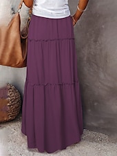 abordables Jupes unies-Femme Ample Jupe Maxi Taille haute Jupes Ruché A Volants Cordon Couleur Pleine Plein Air du quotidien Eté Polyester Coton et lin Mode Décontractées Violet Noir Jaune Rouge