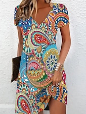 levne Boho šaty-Dámské Mini šaty Volnočasové šaty Letní šaty Šaty s potiskem Aktivní Módní Šik ven Venkovní Dovolená Denní Běžný Květinový Krátký rukáv Do V Černá Bílá Rubínově červená Bordó Léto Jaro