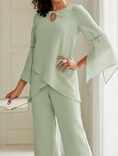 preiswerte Overalls für Mütter-Strandhochzeit Zweiteilig Jumpsuit  Hosenanzug Mutter der Braut Hochzeitsgast Elegant Einfach Rundhals Knöchellang Chiffon Langarm mit Knöpfen einfarbig kostenlose Maßanfertigung