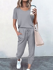 tanie Stroje domowe dla kobiet-damskie zestawy wypoczynkowe czysty kolor moda swobodna wygoda ulica codzienna randka oddychająca okrągły dekolt krótki rękaw t-shirt spodnie kieszeń elastyczny pas lato jesień domowe stroje