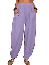 abordables Bas-Femmes Pantalon d'été 100% Coton Pantalons Amples Pantalon sarouel Confort Longueur cheville Naturel Couleur Unie Avec Poches Taille Élastique Décontracté Kaki Noir Blanche Vert Véronèse Ét