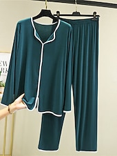 billiga Sovkläder till damer-pyjamas dam pyjamas topp och byxor set 2 stycken ren färg mode casual mjukt hem daglig säng modal andas lapel långärmad byxa sommar vår hem outfits