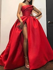 cheap RED-A-Line Evening Gown Party Dress Wedding Guest Prom Floor Length Short Sleeve Halter Neck Belt / Sash Satin Backless V Back with Pleats Ruched Appliques Masquerade Dress 2025
