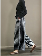 お買い得  ワイドレッグ＆ハイウエスト-女性用 ワイドレッグ チノパン パンツ ヴィンテージ ファッション ライトウェイト 全長 ミディアムウエスト ストライプ ポケット 弾性ウエスト バギー 通気性 快適 マイクロエラスティック バケーション カジュアル 日常 ブラック ホワイト ピンク パープル 夏 秋