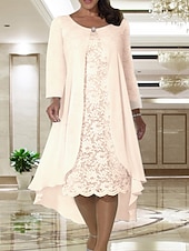 economico Con giacca-Abito da sposa A due pezzi A-Line in spiaggia madre della sposa invitata a un matrimonio elegante taglie forti scollo a gioiello lunghezza tè in chiffon pizzo manica corta giacca abiti con colore