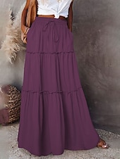 abordables Jupes unies-Femme Ample Jupe Maxi Taille haute Jupes Ruché A Volants Cordon Couleur Pleine Plein Air du quotidien Eté Polyester Coton et lin Mode Décontractées Violet Noir Jaune Rouge