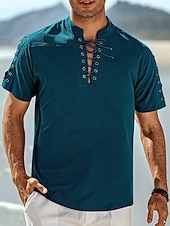 baratos Férias-Homens Camisa Social camisa de linho Camisa casual camisa de praia Tecido Férias Havaiana Preto Branco Azul Marron Manga Curta Colarinho Chinês Primavera Verão Roupa Básico