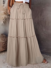 abordables Jupes unies-Femme Ample Jupe Maxi Taille haute Jupes Ruché A Volants Cordon Couleur Pleine Plein Air du quotidien Eté Polyester Coton et lin Mode Décontractées Violet Noir Jaune Rouge