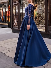 levne červená-A-Liniová večerní šaty Elegantní šaty Svatební host Podzim Šaty až na zem Dlouhý rukáv Off ramínka Pásek  Stuhy Satén s aplikacemi