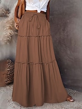 abordables Jupes unies-Femme Ample Jupe Maxi Taille haute Jupes Ruché A Volants Cordon Couleur Pleine Plein Air du quotidien Eté Polyester Coton et lin Mode Décontractées Violet Noir Jaune Rouge