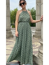 abordables Robes de vacances-robe décontractée pour femme robe swing robe à pois robe longue robe maxi robe en mousseline plissée vert noir bleu sans manches imprimé printemps été licou vacances plage tous les jours 2023 s m l xl