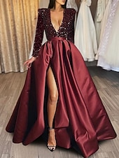 abordables NOIR-Robe de soirée en A robe scintillante et brillante invitée formelle au mariage traîne courte demi-manches décolleté en V satin avec fente à sequins robe de masque 2025