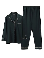 billiga Sovkläder till damer-pyjamas för kvinnor pyjamastopp och byxuppsättningar bokstavsblomma tights / leggings avslappnad komfort hem daglig säng bomull andas lapel långärmad skjorta byxknappficka sommar höst hem kläder