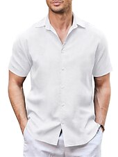 cheap Vacation-Men&#039;s Shirt Linen Shirt Guayabera Shirt Summer Shirt Beach Shirt Button Up Shirt Plain Vacation Casual White Blue Khaki Gray Short Sleeve Lapel Summer Clothing Apparel Patchwork