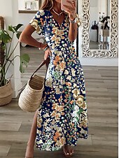 tanie kwiatowa sukienka-Kobieta Maxi Sukienka Sukienka Letnia Sukienka Shift Sukienka A-Line Moda Uliczna Nowoczesna Opadające Ramię Na Zewnątrz Wczasy Codzienna Regularny Krój Kwiatowy Ditsy Krótki Rękaw V Dekolt Żółty