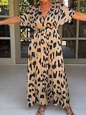 preiswerte abendkleider-Damen Leoparden-Taschendruck V-Ausschnitt Maxi langes Kleid Urlaub Kurzarm Sommer Frühling