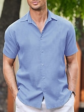 cheap Vacation-Men&#039;s Shirt Linen Shirt Guayabera Shirt Summer Shirt Beach Shirt Button Up Shirt Plain Vacation Casual White Blue Khaki Gray Short Sleeve Lapel Summer Clothing Apparel Patchwork