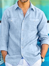 economico Vacanza-Per uomo Camicia camicia di lino Camicia in lino e cotone Camicia estiva Camicia da spiaggia Camicia con bottoni Liscio Informale Giornaliero Nero Bianco Blu Cachi Manica lunga Collo ripiegabile