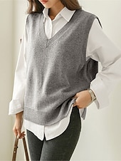 abordables Couleurs unies-Femme Pull Gilet mode Décontractées Flexible Couleur unie Maillard A côtes Col V énorme Sans Manches Tricoter du quotidien Sortie Fin de semaine Noir Bleu Roi Eté Automne