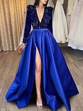 abordables NOIR-Robe de soirée en A robe scintillante et brillante invitée formelle au mariage traîne courte demi-manches décolleté en V satin avec fente à sequins robe de masque 2025