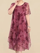 cheap Plus Size Collection-Women&#039;s Plus Size Party Dress Cocktail Dress Wedding Guest Dress Chiffon Mesh Layered Crew Neck Short Sleeve Floral Midi Dress Wedding Guest Cocktail Party Wine Blue Summer Spring