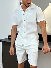 economico camicie casual da uomo-Per uomo 2 pezzi Completo di camicia Camicia estiva Camicia con bottoni Maglietta informale Camicia da spiaggia Nero Bianco Verde Verde militare Manica corta Liscio Collare da campo Giornaliero Da