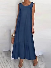 cheap Design Cotton &amp; Linen Dresses-Women&#039;s Black White Navy Blue Summer Maxi long Dress Maxi Dress Linen-Inspired Dresses Tank Dress Tiered Dress Solid Basic Casual Vacation Regular Fit Crew Neck