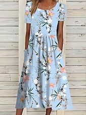 abordables Art &amp; Design Robe-Robe midi femme impression à fleurs avec poches col rond quotidienne rendez-vous manches courtes été printemps