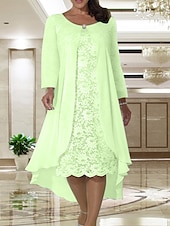 economico Con giacca-Abito da sposa A due pezzi A-Line in spiaggia madre della sposa invitata a un matrimonio elegante taglie forti scollo a gioiello lunghezza tè in chiffon pizzo manica corta giacca abiti con colore
