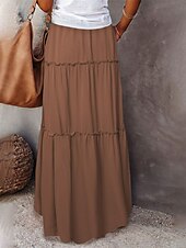 abordables Jupes unies-Femme Ample Jupe Maxi Taille haute Jupes Ruché A Volants Cordon Couleur Pleine Plein Air du quotidien Eté Polyester Coton et lin Mode Décontractées Violet Noir Jaune Rouge