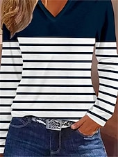Χαμηλού Κόστους Τι-shirt με ρίγες και γεωμετρικά σχέδια-Γυναικείo T-shirt Μακρύ Μανίκι V Neck Μακρύ Μανίκι Τουνίκ Striped Βασικό Κανονικό Top Ημερήσια Σαββατοκύριακο Εκτύπωση Ναυτικό Μπλε Φθινόπωρο  Χειμώνας Προφθινόπωρο