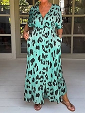 preiswerte abendkleider-Damen Leoparden-Taschendruck V-Ausschnitt Maxi langes Kleid Urlaub Kurzarm Sommer Frühling