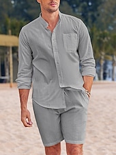 preiswerte Freizeithemden für Herren-Herren Hemd mit chinesischem Kragen Hemd mit Stehkragen Zweiteilig Hemd Set Sommerhemd Freizeithemd Rosa Blau Grün Beige Grau Langarm Einfach Großvaterkragen Stehkragen Urlaub Täglich Fronttasche