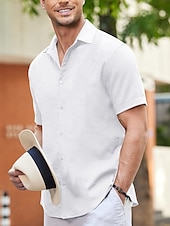 cheap Vacation-Men&#039;s Shirt Linen Shirt Guayabera Shirt Summer Shirt Beach Shirt Button Up Shirt Plain Vacation Casual White Blue Khaki Gray Short Sleeve Lapel Summer Clothing Apparel Patchwork