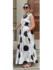 ieftine Rochii Business-Pentru femei Rochie Maxi lungă Rochii Tip Cămașă Rochie din satin Epocă Vacanță Fit regulat Buline Fără manșon Guler Cămașă Negru Alb Trifoi Vară Primăvară