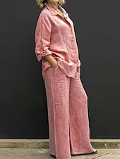 cheap Sets-Women&#039;s Loungewear Linen-Inspired Sets Two Piece Sets Casual Comfort Pure Color Pocket Elastic Waist Shirt  Vacation Street Daily Long Sleeve Lapel Pink Blue Green Light Grey Summer Spring Fall