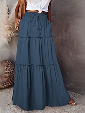 abordables Jupes unies-Femme Ample Jupe Maxi Taille haute Jupes Ruché A Volants Cordon Couleur Pleine Plein Air du quotidien Eté Polyester Coton et lin Mode Décontractées Violet Noir Jaune Rouge