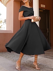 abordables Robes de cocktail-Robes de cocktail en A mariage à la plage robe élégante longueur thé sans manches épaule dénudée invité d&#039;automne tissu extensible avec fente froncée robes Derby 2025
