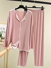 billiga Sovkläder till damer-pyjamas dam pyjamas topp och byxor set 2 stycken ren färg mode casual mjukt hem daglig säng modal andas lapel långärmad byxa sommar vår hem outfits