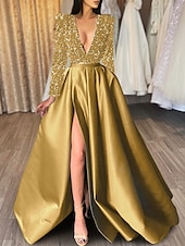 abordables NOIR-Robe de soirée en A robe scintillante et brillante invitée formelle au mariage traîne courte demi-manches décolleté en V satin avec fente à sequins robe de masque 2025