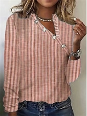 voordelige Stripe &amp; Geometrische t-shirt-Dames T-shirt Gestreept Elegant Modieus Dagelijks Lange mouw V-hals Normale tops Dagelijks Weekend Afdrukken Zwart Blozend Roze blauw Oranje Groen Herfst winter