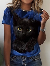 cheap Animals tee-Women&#039;s T Shirt Basic Cat Print Short Sleeve Regular Tops Round Neck Daily Weekend Red Blue Purple Green Gray