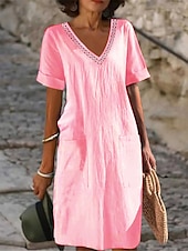 cheap Design Cotton &amp; Linen Dresses-Women&#039;s Black White Pink Summer Spring Midi Dress Linen-Inspired Dresses White Dress Casual Dress Classic Modern Casual Outdoor Vacation Daily Loose Fit Plain V Neck