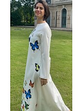 cheap Art&amp;Design Dress-Women&#039;s Maxi Dress  Shift Dress Swing Dress Long Dress Green Blue Grey White Black Long Sleeve Feather Butterfly Pocket Print Summer Spring V Neck Stylish Casual Dress 2023 S M L XL XXL XXXL 4XL 5XL