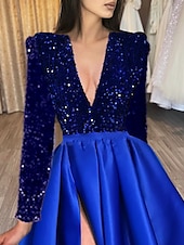 abordables NOIR-Robe de soirée en A robe scintillante et brillante invitée formelle au mariage traîne courte demi-manches décolleté en V satin avec fente à sequins robe de masque 2025