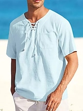 cheap Vacation-Men&#039;s Shirt Linen Shirt Cotton Linen Shirt Summer Shirt Beach Shirt Plain Vacation Casual Black White Pink Blue Short Sleeve V Neck Summer Clothing Apparel Drawstring