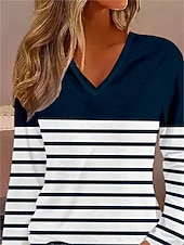 Χαμηλού Κόστους Τι-shirt με ρίγες και γεωμετρικά σχέδια-Γυναικείo T-shirt Μακρύ Μανίκι V Neck Μακρύ Μανίκι Τουνίκ Striped Βασικό Κανονικό Top Ημερήσια Σαββατοκύριακο Εκτύπωση Ναυτικό Μπλε Φθινόπωρο  Χειμώνας Προφθινόπωρο